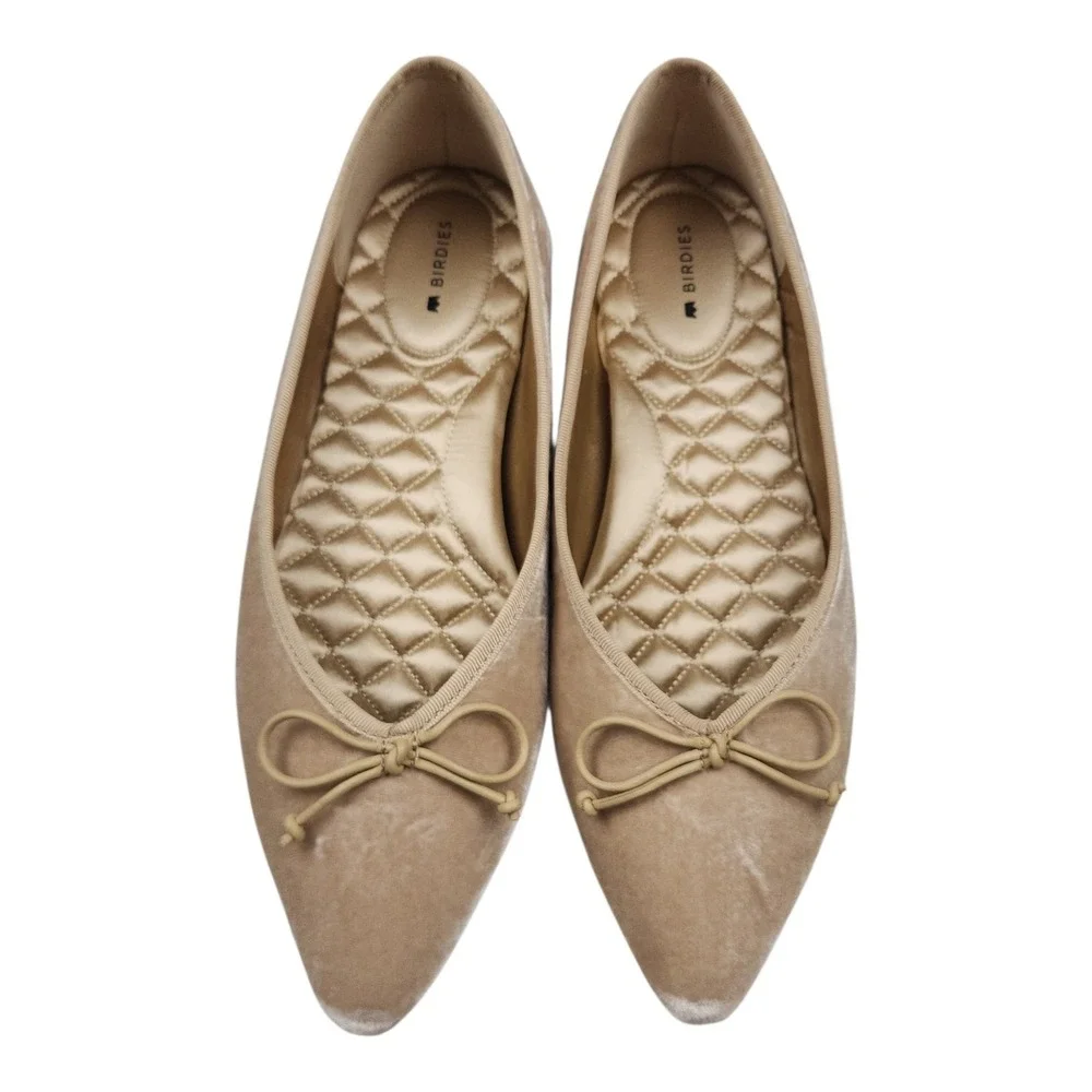 Birdies The Goldfinch Flats 8.5 Tan Champagne Velvet Pointed Toe Bow Balletcore